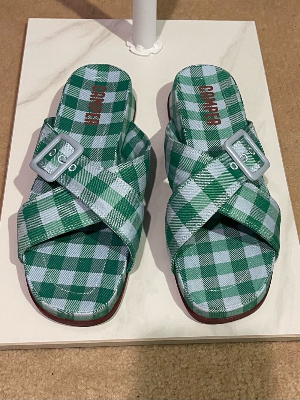Camper Green Gingham Buckle Slide Sandals